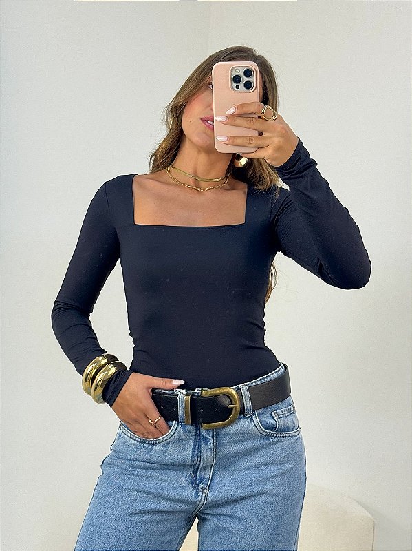 Cropped costas nua manga longa azul marinho