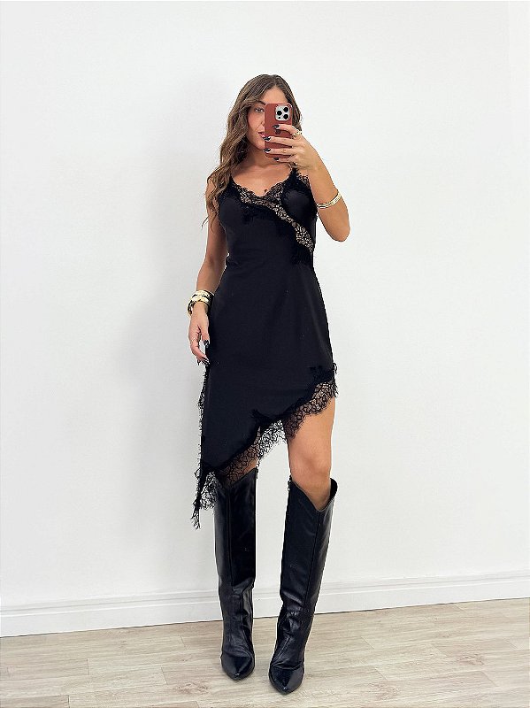 Vestido Seda com Renda Odessa Preto