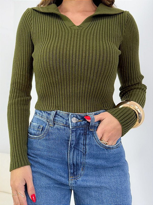 Tricô Gola Polo Basic Verde Musgo