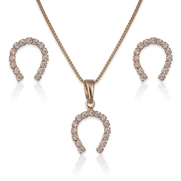 Conjunto ferradura pingente e brinco zircônia
