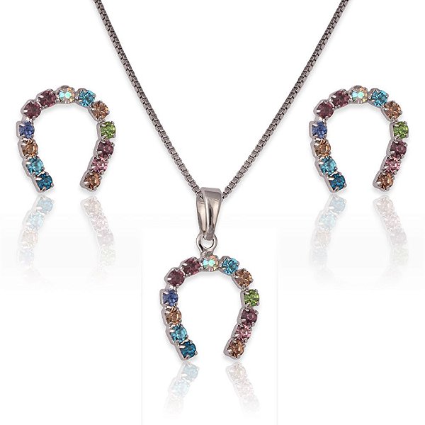 Conjunto ferradura pingente e brinco zircônia