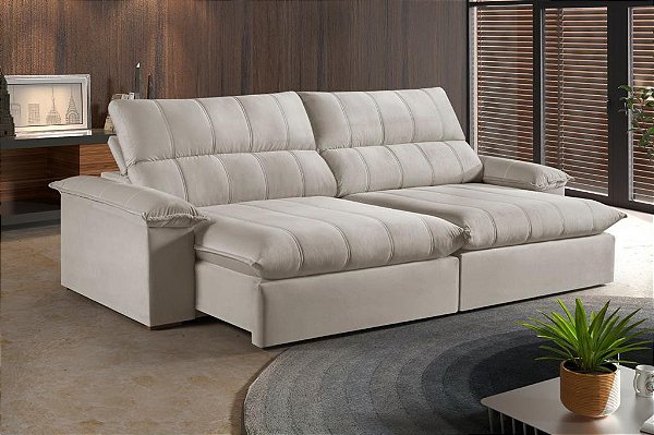 SOFA TRITON - 4 LUGARES - 2,60 DE LARGURA - RETRÁTIL E RECLINÁVEL - VELUDO BEGE