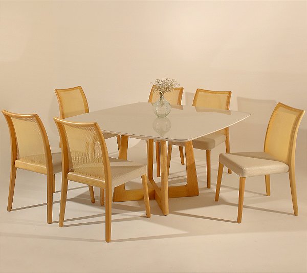 MESA PROSA - QUADRADA - COM VIDRO - OFF WHITE - AMENDOA - DIMENSÃO 135 X 135 (SOMENTE A MESA)