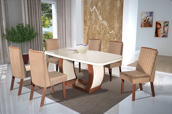 CONJUNTO COMPLETO - MESA COM 6 CADEIRAS VIGOR - OFF WHITE - NOCE - Casa  Guido - Especialista em Móveis