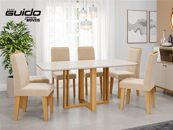 CONJUNTO MESA FLORA COM 6 CADEIRAS TAIS COM VIDRO OFF WHITE 180X90 - NUDE/NATURE