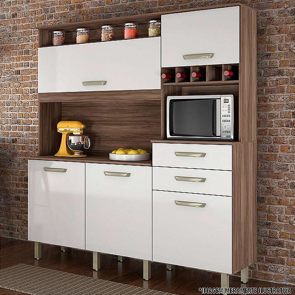 KIT COZINHA SMART 5 PORTAS 2 GAVETAS 500241 ./NOGAL /BRANCO