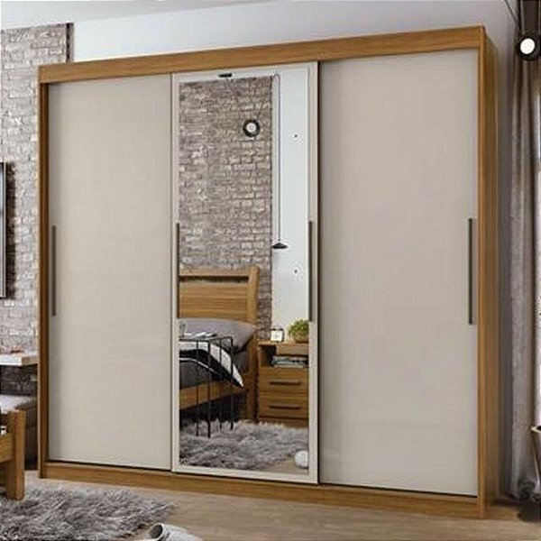 ROUPEIRO 3 PORTAS 100% MDF - TAURUS 2,43m COM ESPELHO E PÉS ./ROVERE NATURAL /OFF WHITE