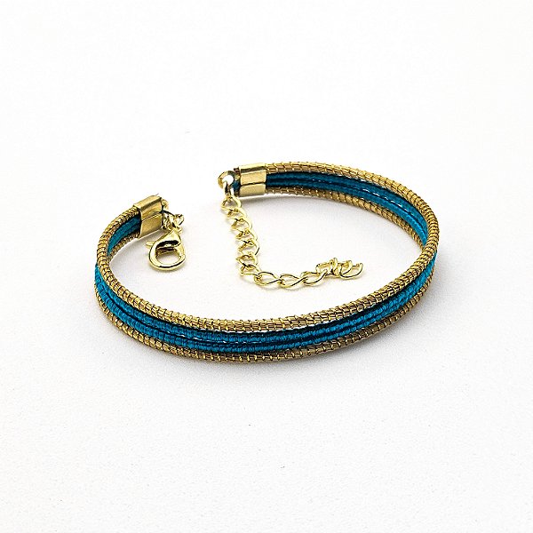 Pulseira Capim Dourado e Fio Azul Oceano PL70 - Hipoalergênico