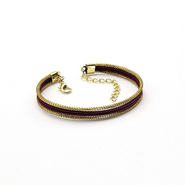 Pulseira Capim Dourado e Fio Vinho PL76 - Hipoalergênico