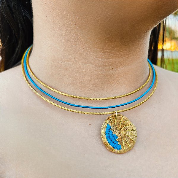 Gargantilha Capim Dourado e Fio Azul Oceano GL30 - Hipoalergênico