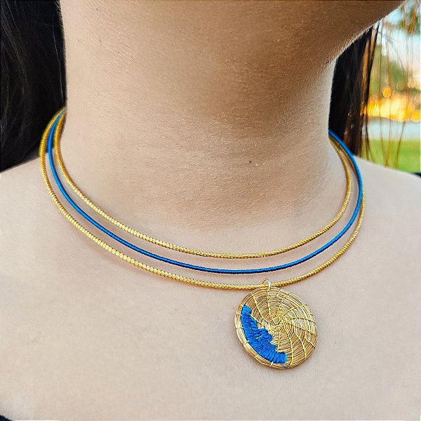 Gargantilha Capim Dourado e Fio Azul Safira GL31 - Hipoalergênico