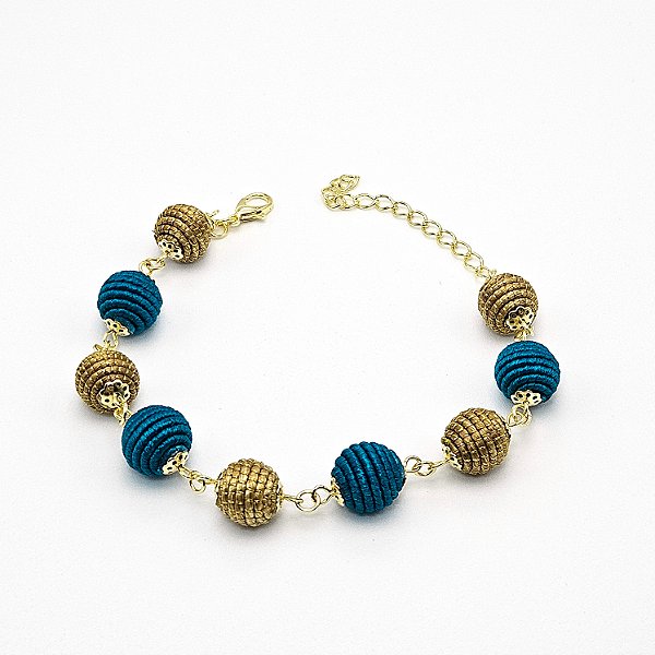 Pulseira Capim Dourado e Fio Azul Oceano PL80 - Hipoalergênico