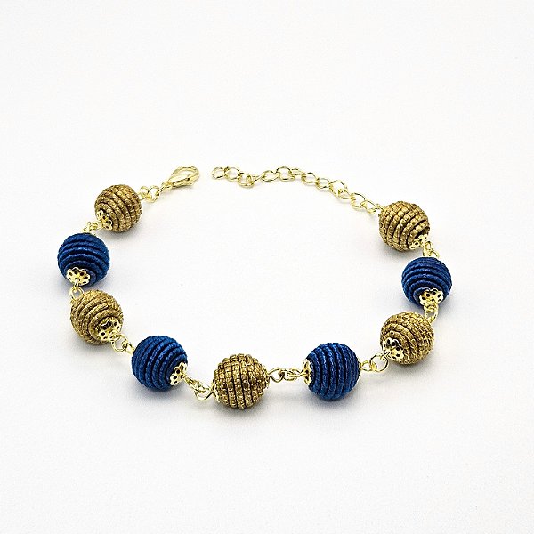 Pulseira Capim Dourado e Fio Azul Safira PL81 - Hipoalergênico