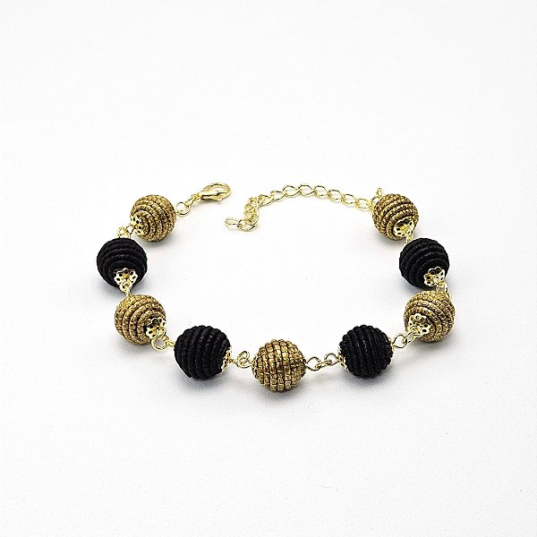 Pulseira Capim Dourado e Fio Preto PL83 - Hipoalergênico