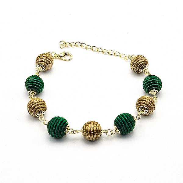 Pulseira Capim Dourado e Fio Esmeralda PL85 - Hipoalergênico
