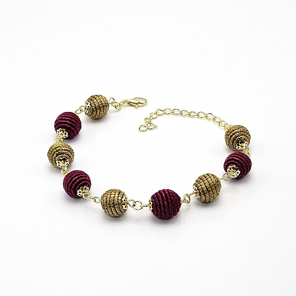 Pulseira Capim Dourado e Fio Vinho PL86 - Hipoalergênico
