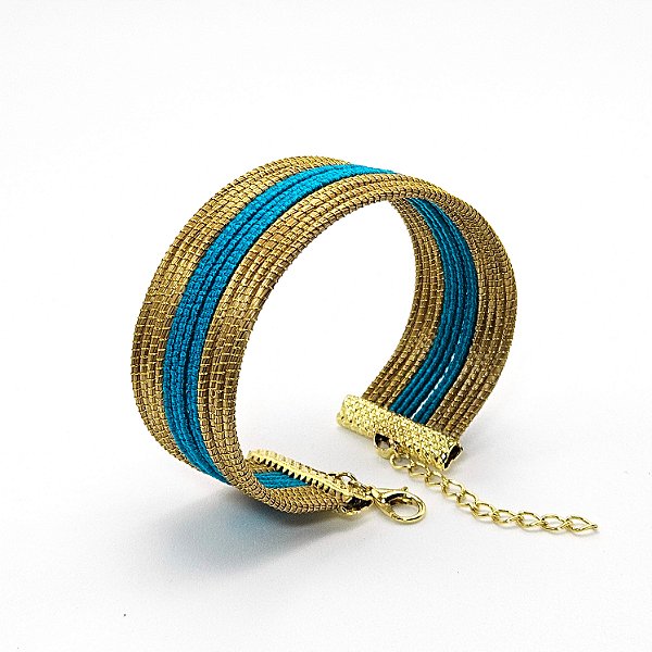 Pulseira Capim Dourado e Fio Azul Oceano PL0 - Hipoalergênico