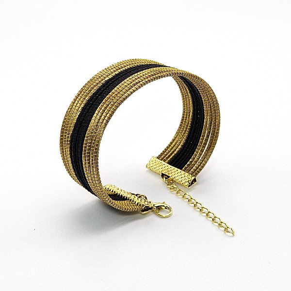 Pulseira Capim Dourado e Fio Preto PL3 - Hipoalergênico