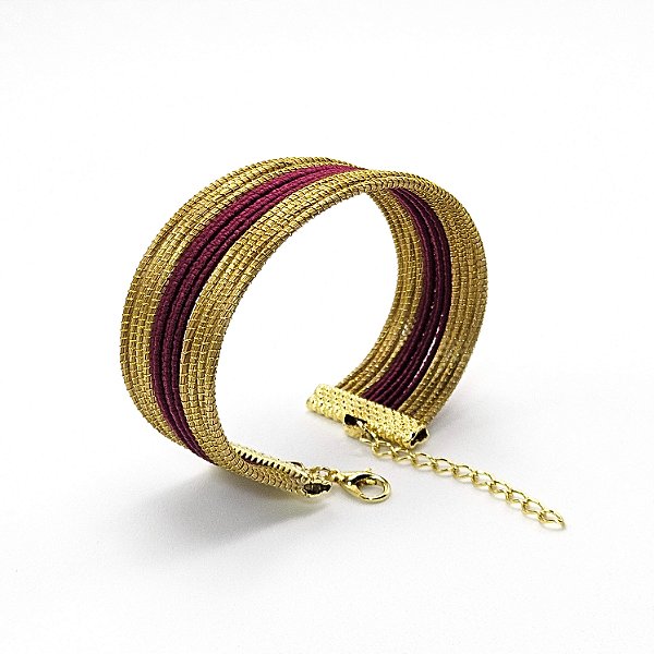 Pulseira Capim Dourado e Fio Vinho PL6 - Hipoalergênico