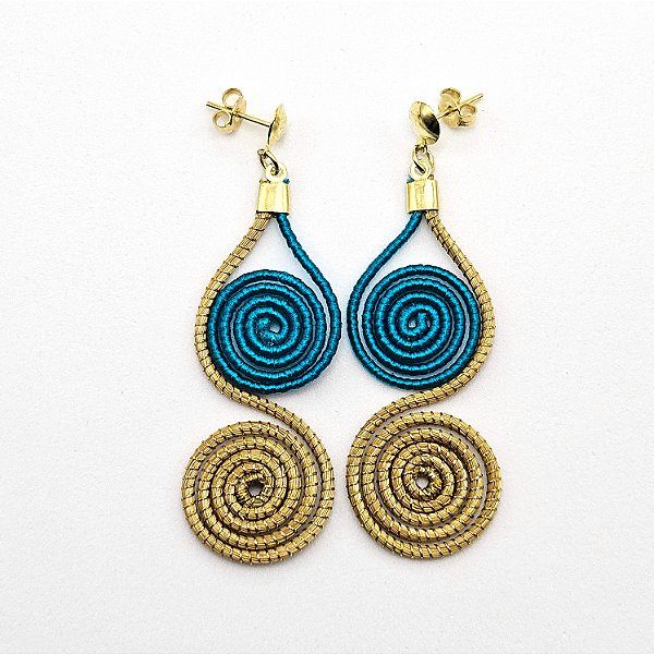 Brinco Capim Dourado Dois Caracóis e Fio Azul Oceano BL10 - Hipoalergênico