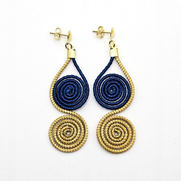 Brinco Capim Dourado Dois Caracóis e Fio Azul Safira BL11 - Hipoalergênico