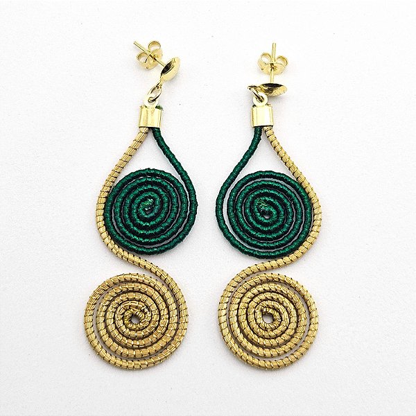 Brinco Capim Dourado Dois Caracóis e Fio Esmeralda BL15 - Hipoalergênico