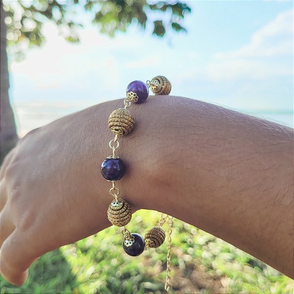 Pulseira Capim Dourado c/ Pedra Natural Ametista Cód. P404  - Hipoalergênico