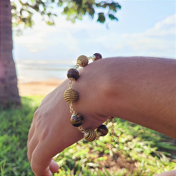Pulseira Capim Dourado c/ Pedra Natural Olho de Tigre Cód. P403 - Hipoalergênico