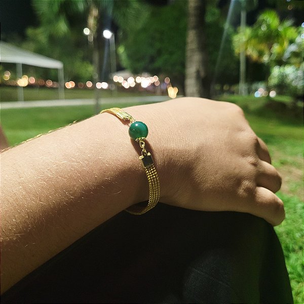 Pulseira Capim Dourado c/ Pedra Natural Ágata Verde Cód. P431 - Hipoalergênico