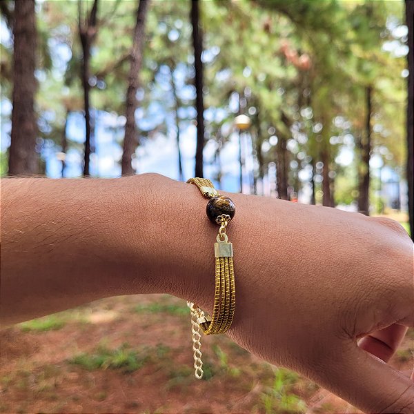Pulseira Capim Dourado c/ Pedra Natural Olho de Tigre Cód. P421 - Hipoalergênico
