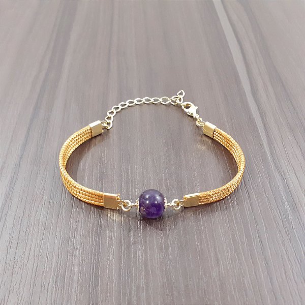 Pulseira Capim Dourado c/ Pedra Natural Ametista Cód. P422 - Hipoalergênico