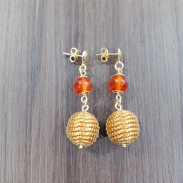 Brinco Capim Dourado C/ Pedra Natural Ágata Cornalina Cód. B401 - Hipoalergênico