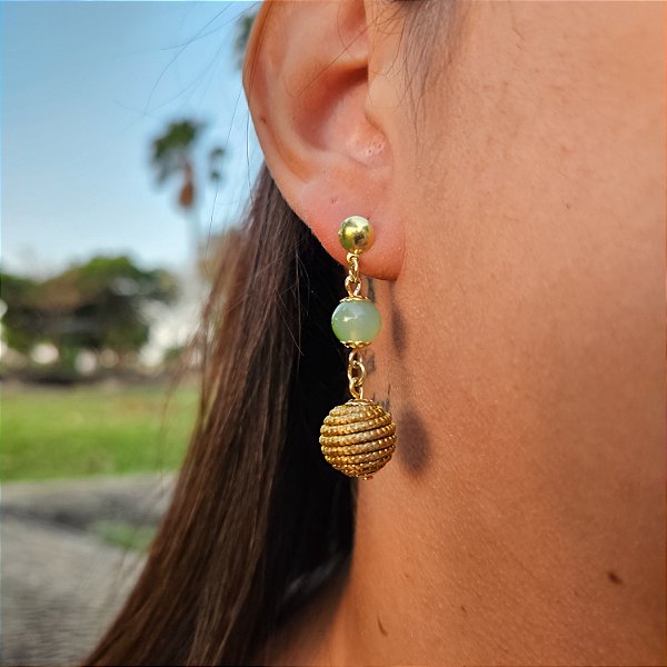 Brinco Capim Dourado C/ Pedra Natural Ágata Verde Cód. B412 - Hipoalergênico