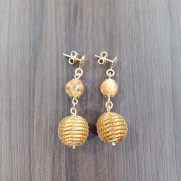 Brinco Capim Dourado C/ Pedra Natural Jaspe Madeira Cód. B411 - Hipoalergênico