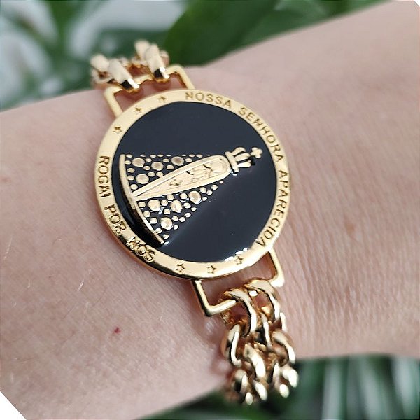 Pulseira Correntaria Dourada Nossa Senhora Aparecida (resina preta) folheado em ouro