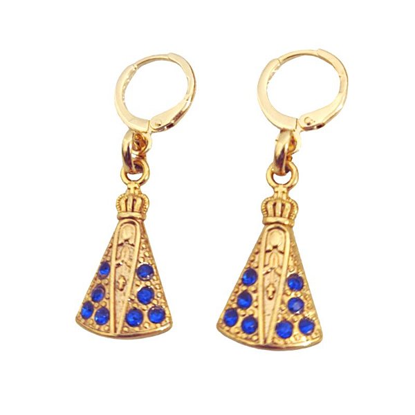 Brinco argolinha com pingente de Nossa Senhora Aparecida strass azul folheado em ouro
