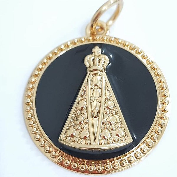 Pingente Nossa Senhora Aparecida Preto Resina folheado em ouro