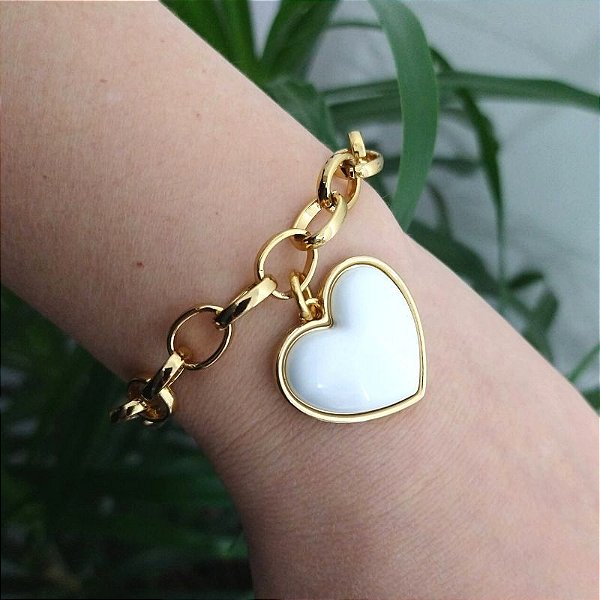 Pulseira Correntaria Elo Português com pingente de coração Branco resinado Isadora