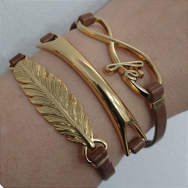 Mix de Pulseiras Douradas (courino Marrom) - Fé e Vida Próspera -