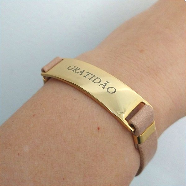 Pulseira Dourada (courino Bege) Gratidão