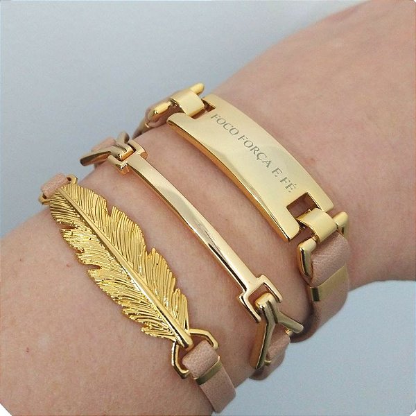 Mix de Pulseiras douradas (courino Bege) Prosperidade / Folha MD1