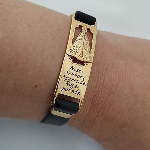 Pulseira (courino Preto) Nossa Senhora Aparecida folheado em ouro