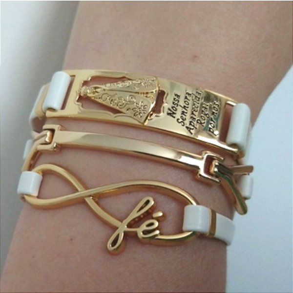 Mix pulseiras douradas (courino Branco) Nossa Senhora + Fé-