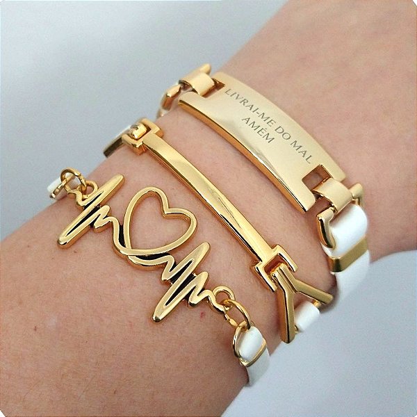 Mix Pulseiras douradas (courino Branco) Livrai-me do Mal-