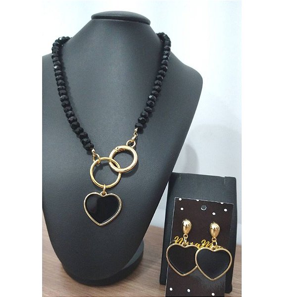 Conjunto Cristais preto  (colar + brinco coração preto)