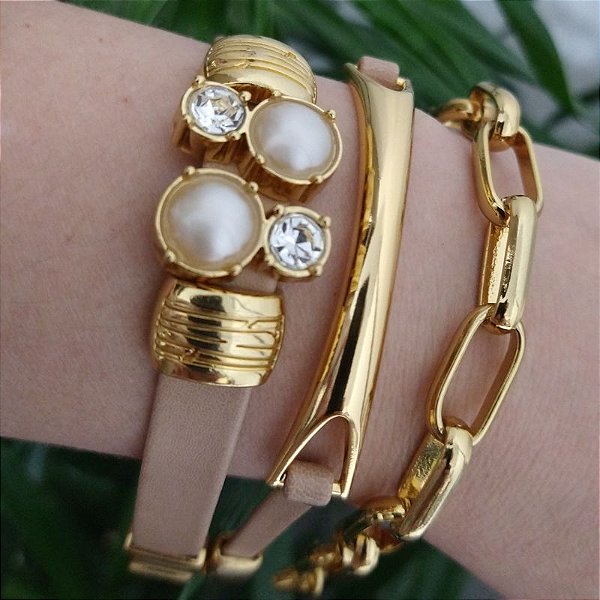 Mix Pulseiras Douradas (courino Bege) Ternura- folheado e ouro