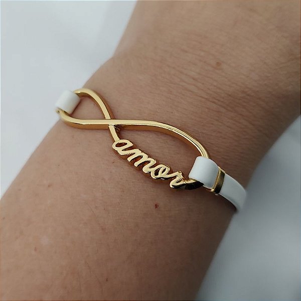 Pulseira (courino Branco) placa escrito Amor folheado em ouro
