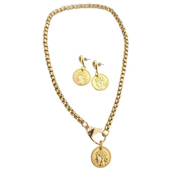 Conjunto com colar e brincos moeda Romana Prosperidade folheado em ouro