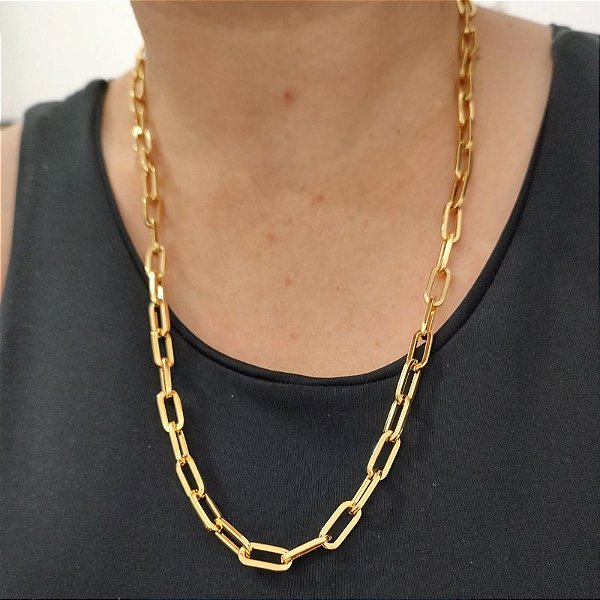 Colar Correntaria  M com design em elos retangulares médios 50 cm folheado em ouro Itália