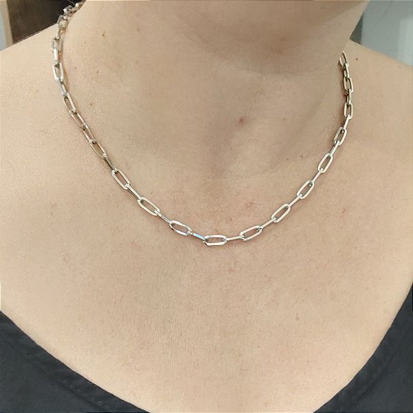 Choker correntaria p design de elos retangulares 38 cm folheado em ródio ( prateado) italia